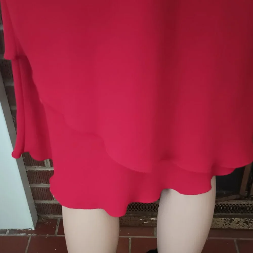 SL Fashion Vintage Red Layered Dress 8  V Neck Short Flutter Sleeve Fully Lined